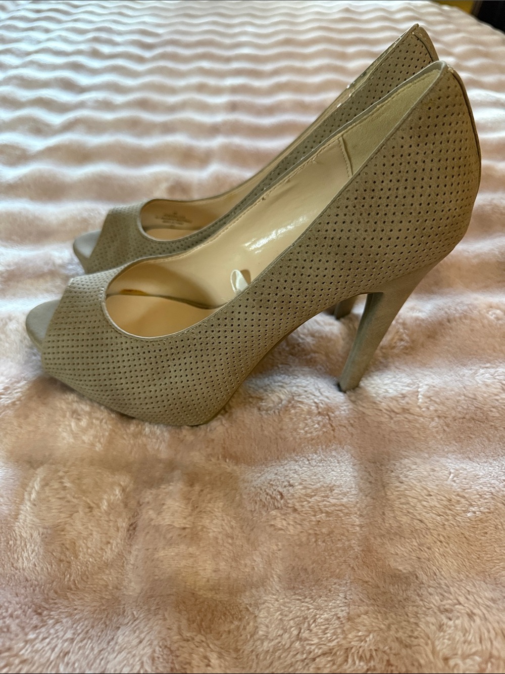 GUESS Perforated Taupe Peep-Toe Stiletto Heels
